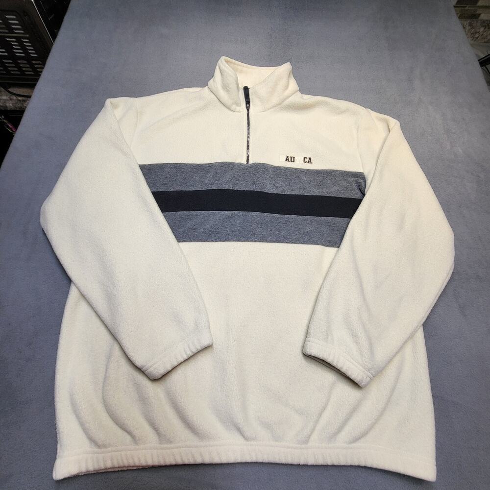 Vintage Nautica Fleece Pullover Mens XL White Striped Quarter Zip Long Sleeve